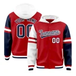 Custom Red White-Navy Raglan Sleeves Varsity Full-Snap Letterman Three Stripes Jacket Hoodie