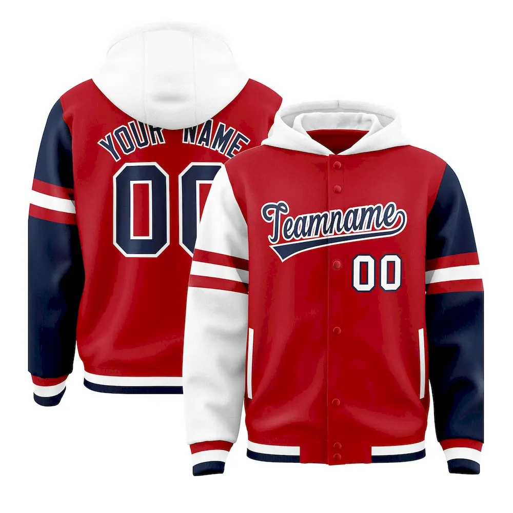 Custom Red White-Navy Raglan Sleeves Varsity Full-Snap Letterman Three Stripes Jacket Hoodie