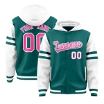 Custom Aqua White Raglan Sleeves Varsity Full-Snap Letterman Three Stripes Jacket Hoodie
