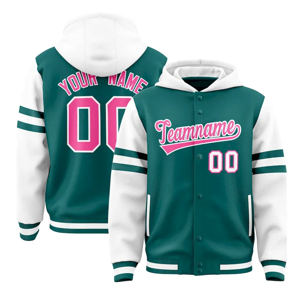 Custom Aqua White Raglan Sleeves Varsity Full-Snap Letterman Three Stripes Jacket Hoodie
