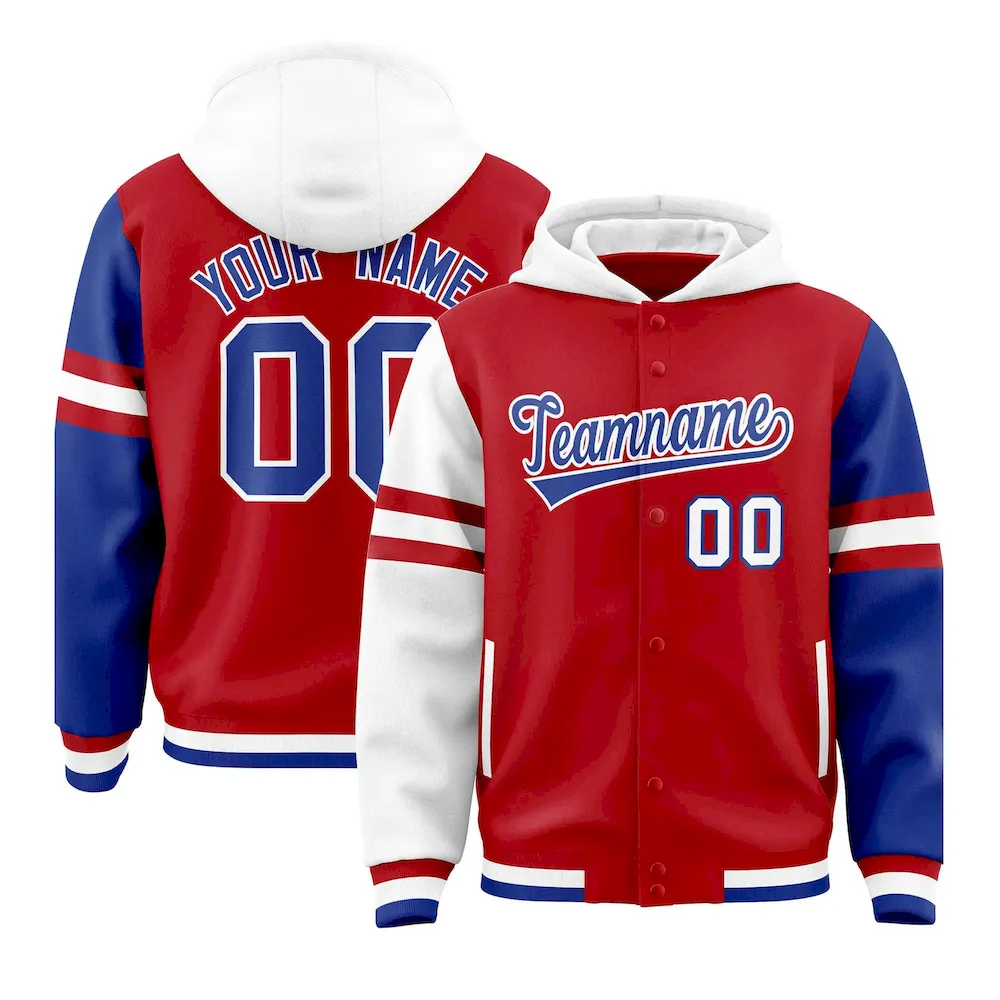 Custom Red White-Royal Raglan Sleeves Varsity Full-Snap Letterman Three Stripes Jacket Hoodie