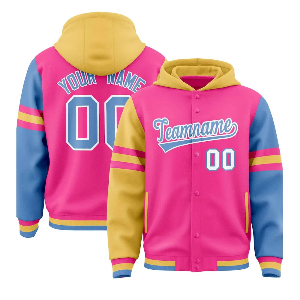 Custom Pink Khaki-Light Blue Raglan Sleeves Varsity Full-Snap Letterman Three Stripes Jacket Hoodie