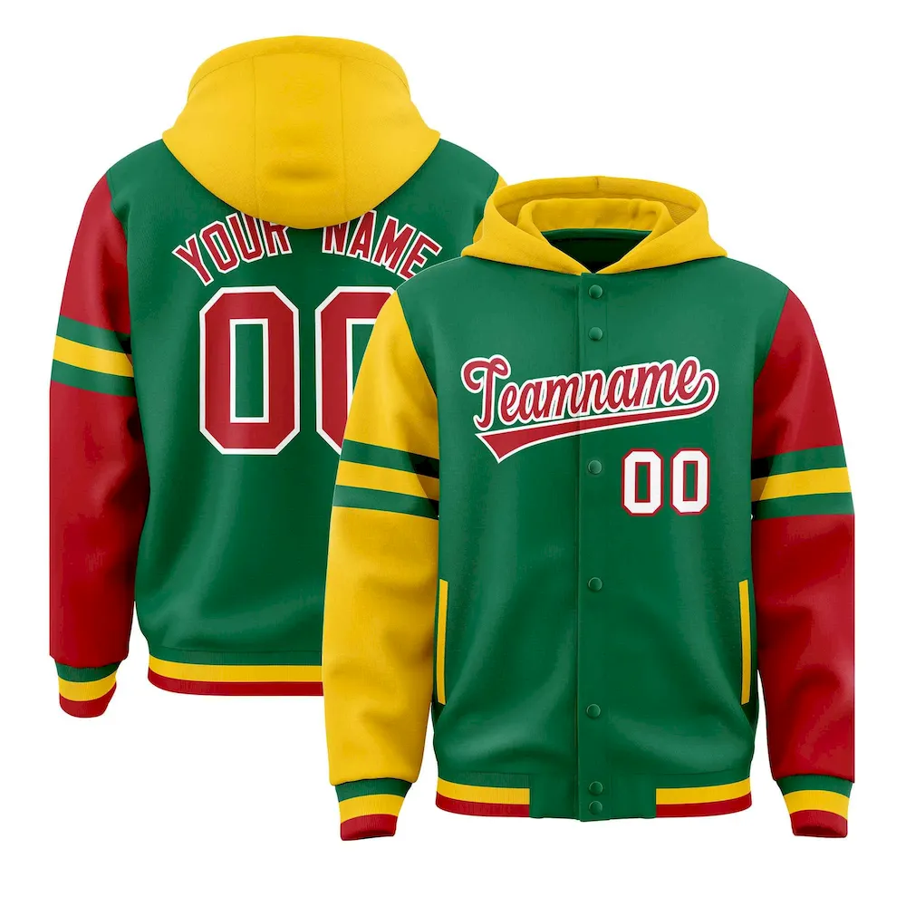 Custom Powder Blue Gold-Orange Raglan Sleeves Varsity Full-Snap Letterman Three Stripes Jacket Hoodie