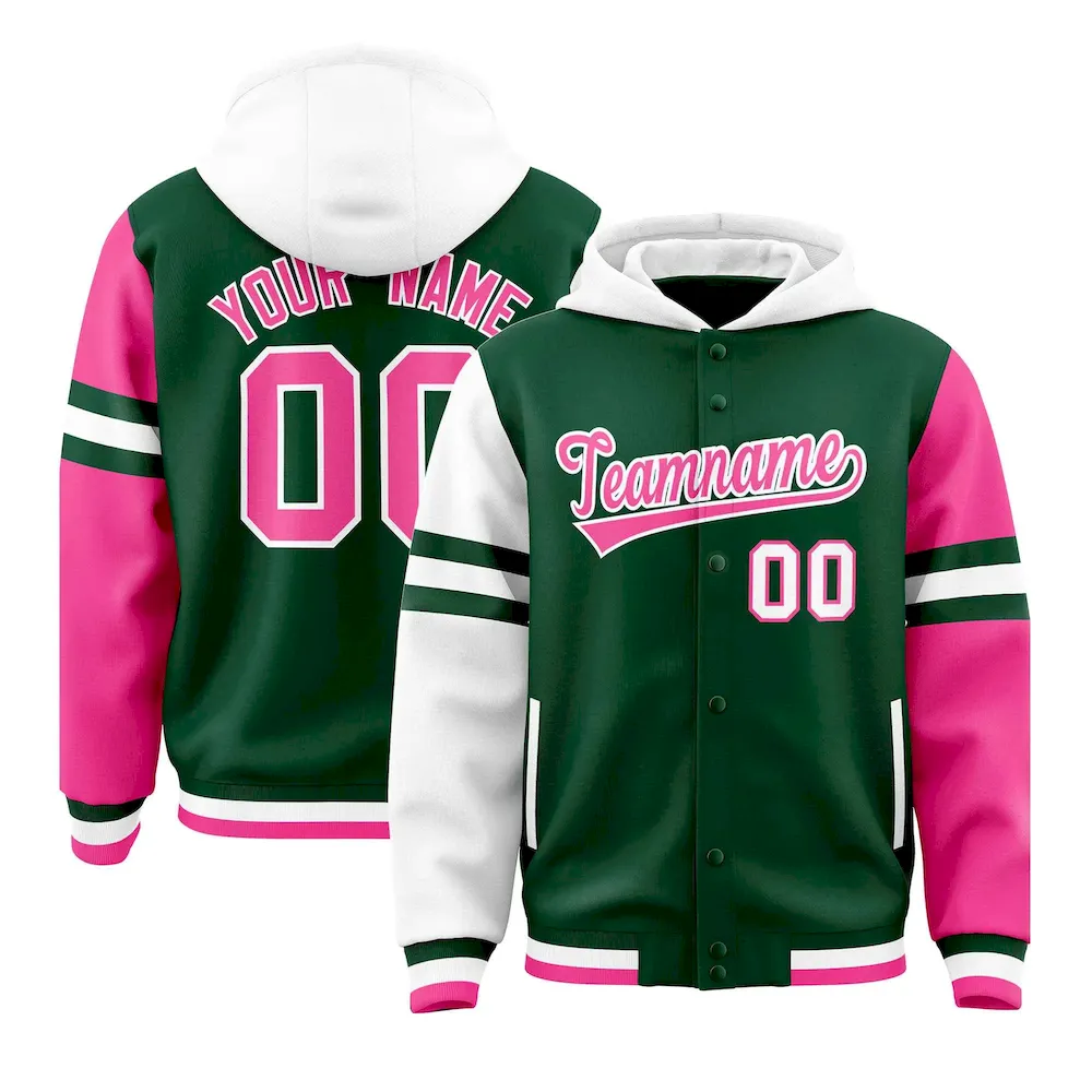 Custom Aqua White-Purple Raglan Sleeves Varsity Full-Snap Letterman Three Stripes Jacket Hoodie