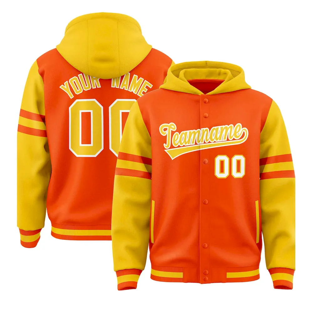 Custom Orange Gold Raglan Sleeves Varsity Full-Snap Letterman Three Stripes Jacket Hoodie