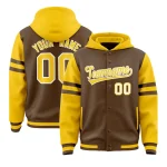 Custom Light Brown Gold Raglan Sleeves Varsity Full-Snap Letterman Three Stripes Jacket Hoodie