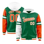 Custom Kelly Green White-Orange Raglan Sleeves Varsity Full-Snap Letterman Three Stripes Jacket Hoodie