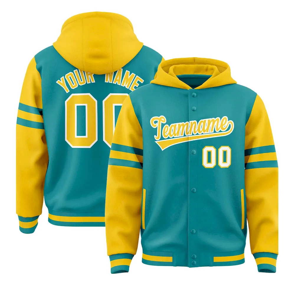 Custom Aqua Gold Raglan Sleeves Varsity Full-Snap Letterman Three Stripes Jacket Hoodie