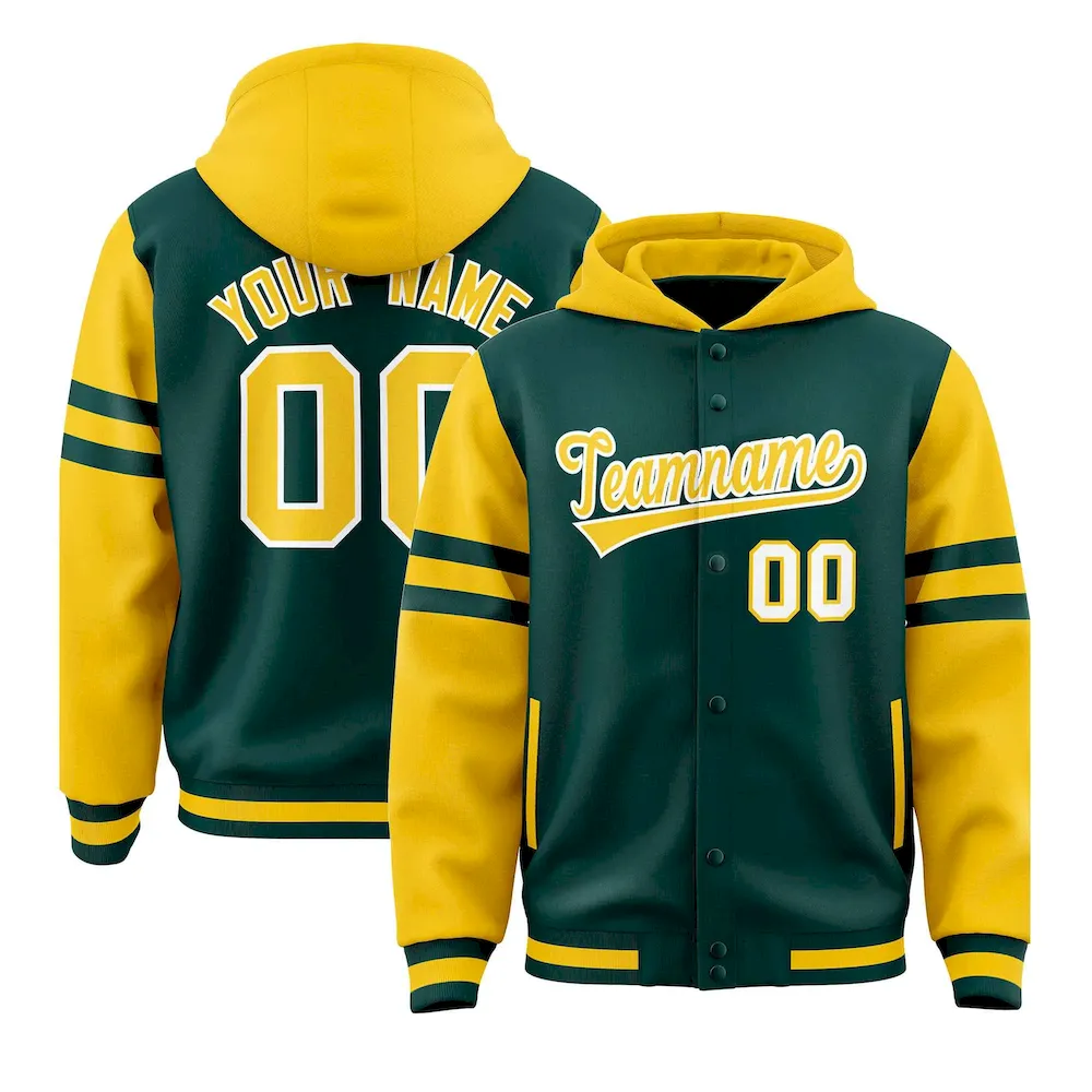 Custom Midnight Green Gold Raglan Sleeves Varsity Full-Snap Letterman Three Stripes Jacket Hoodie