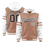 Custom Coffee Brown White Raglan Sleeves Varsity Full-Snap Letterman Three Stripes Jacket Hoodie
