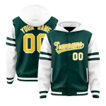 Custom Midnight Green White Raglan Sleeves Varsity Full-Snap Letterman Three Stripes Jacket Hoodie