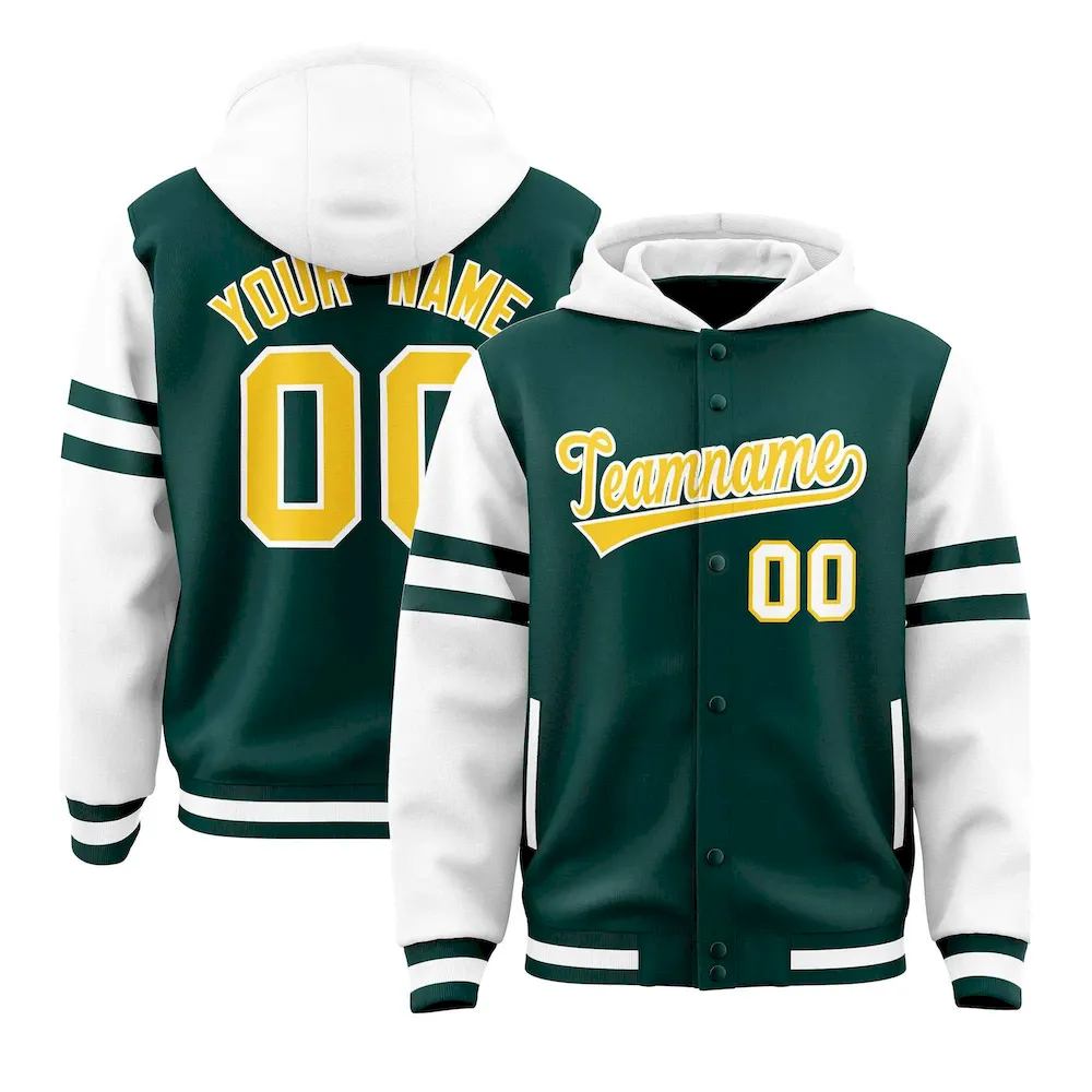 Custom Midnight Green White Raglan Sleeves Varsity Full-Snap Letterman Three Stripes Jacket Hoodie