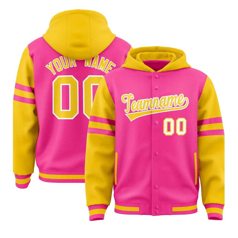 Custom Pink Gold Raglan Sleeves Varsity Full-Snap Letterman Three Stripes Jacket Hoodie