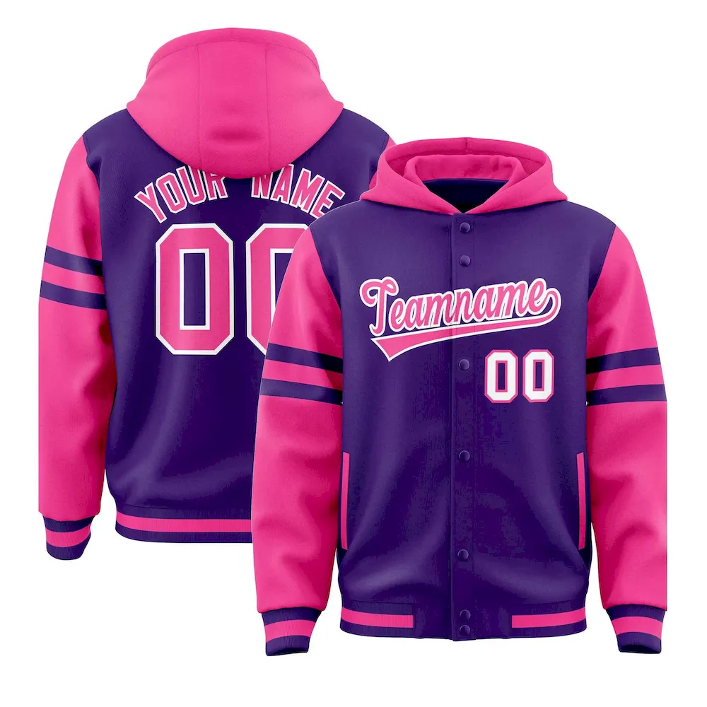 Custom Purple Pink Raglan Sleeves Varsity Full-Snap Letterman Three Stripes Jacket Hoodie