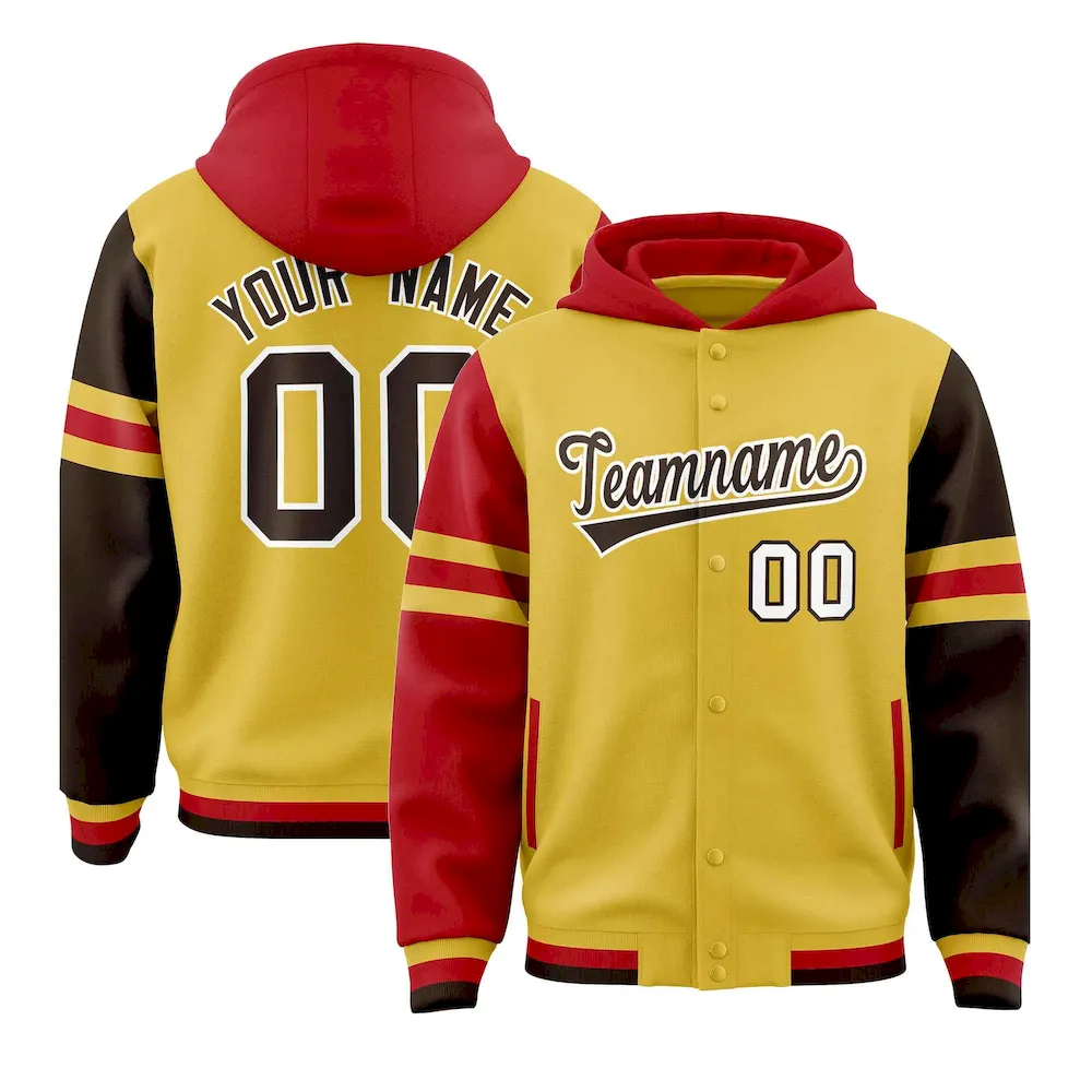 Custom Old Gold Red-Brown Raglan Sleeves Varsity Full-Snap Letterman Three Stripes Jacket Hoodie