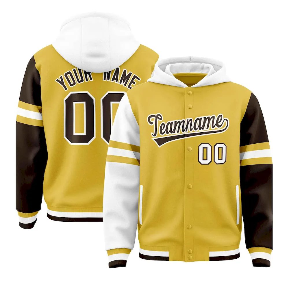 Custom Old Gold White-Brown Raglan Sleeves Varsity Full-Snap Letterman Three Stripes Jacket Hoodie