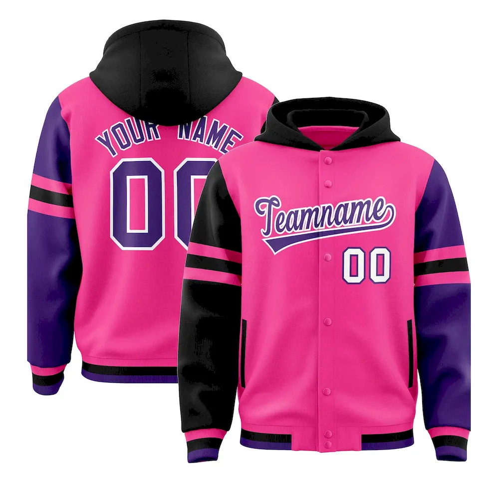 Custom Pink Black-Purple Raglan Sleeves Varsity Full-Snap Letterman Three Stripes Jacket Hoodie