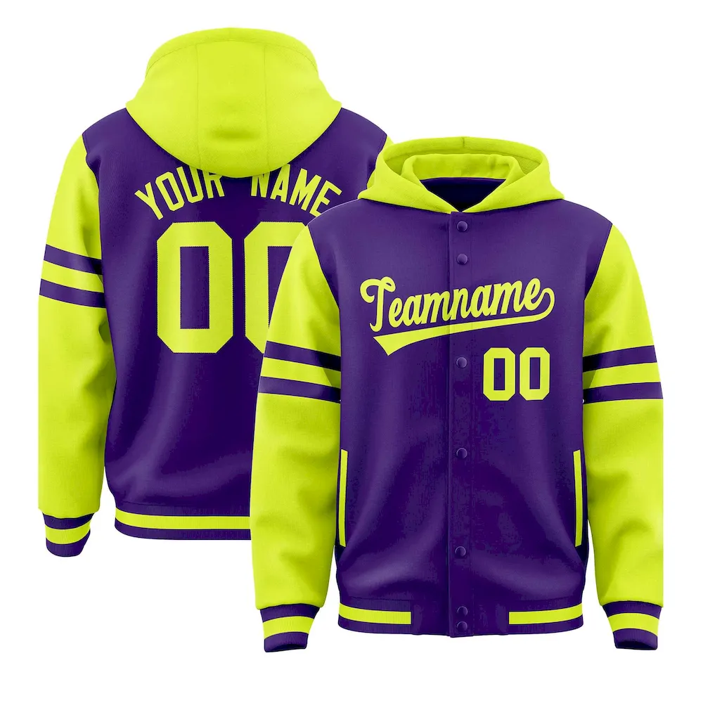 Custom Purple Fluorescent Green Raglan Sleeves Varsity Full-Snap Letterman Three Stripes Jacket Hoodie