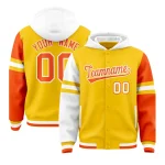 Custom Gold White-Orange Raglan Sleeves Varsity Full-Snap Letterman Three Stripes Jacket Hoodie