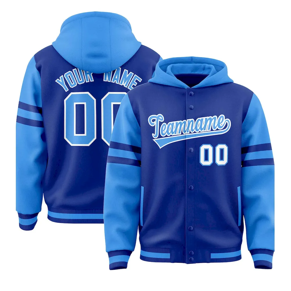 Custom Royal Powder Blue Raglan Sleeves Varsity Full-Snap Letterman Three Stripes Jacket Hoodie