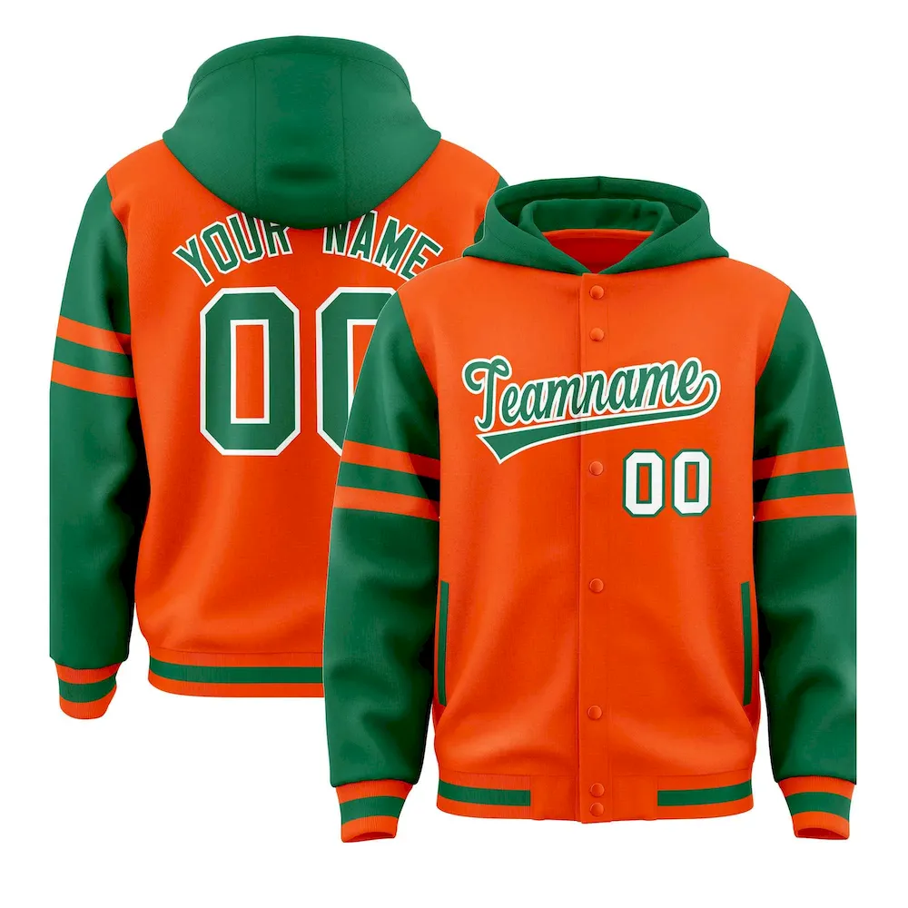 Custom Orange Kelly Green Raglan Sleeves Varsity Full-Snap Letterman Three Stripes Jacket Hoodie