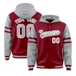 Custom Crimson Silver Raglan Sleeves Varsity Full-Snap Letterman Three Stripes Jacket Hoodie