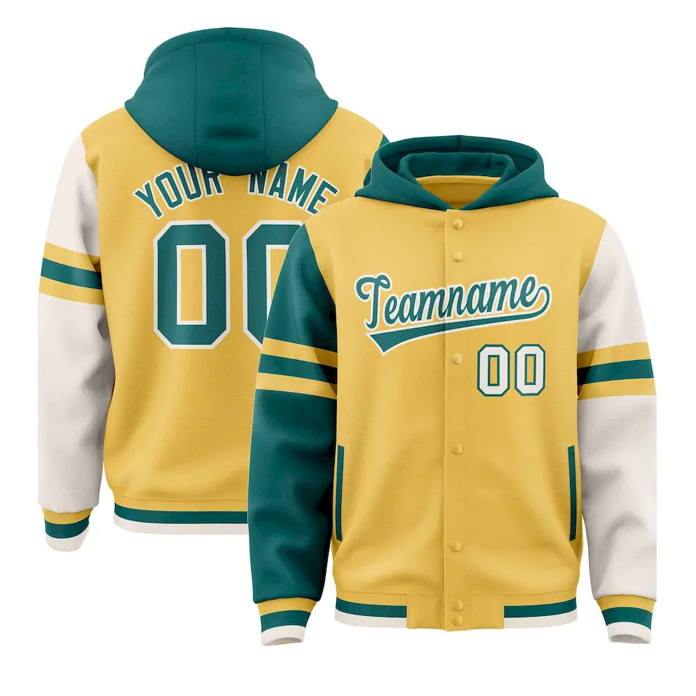 Custom Khaki Aqua-Cream Raglan Sleeves Varsity Full-Snap Letterman Three Stripes Jacket Hoodie