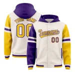 Custom Cream Purple-Gold Raglan Sleeves Varsity Full-Snap Letterman Three Stripes Jacket Hoodie