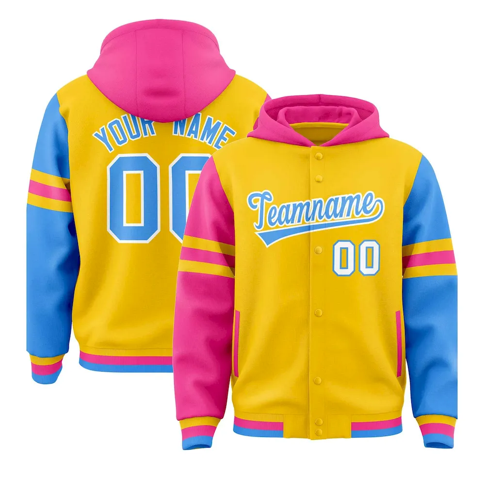 Custom Gold Pink-Powder Blue Raglan Sleeves Varsity Full-Snap Letterman Three Stripes Jacket Hoodie