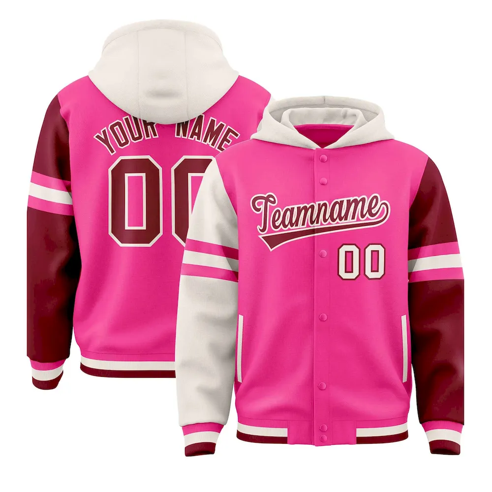 Custom Pink Cream-Crimson Raglan Sleeves Varsity Full-Snap Letterman Three Stripes Jacket Hoodie