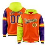 Custom Orange Fluorescent Green-Purple Raglan Sleeves Varsity Full-Snap Letterman Three Stripes Jacket Hoodie