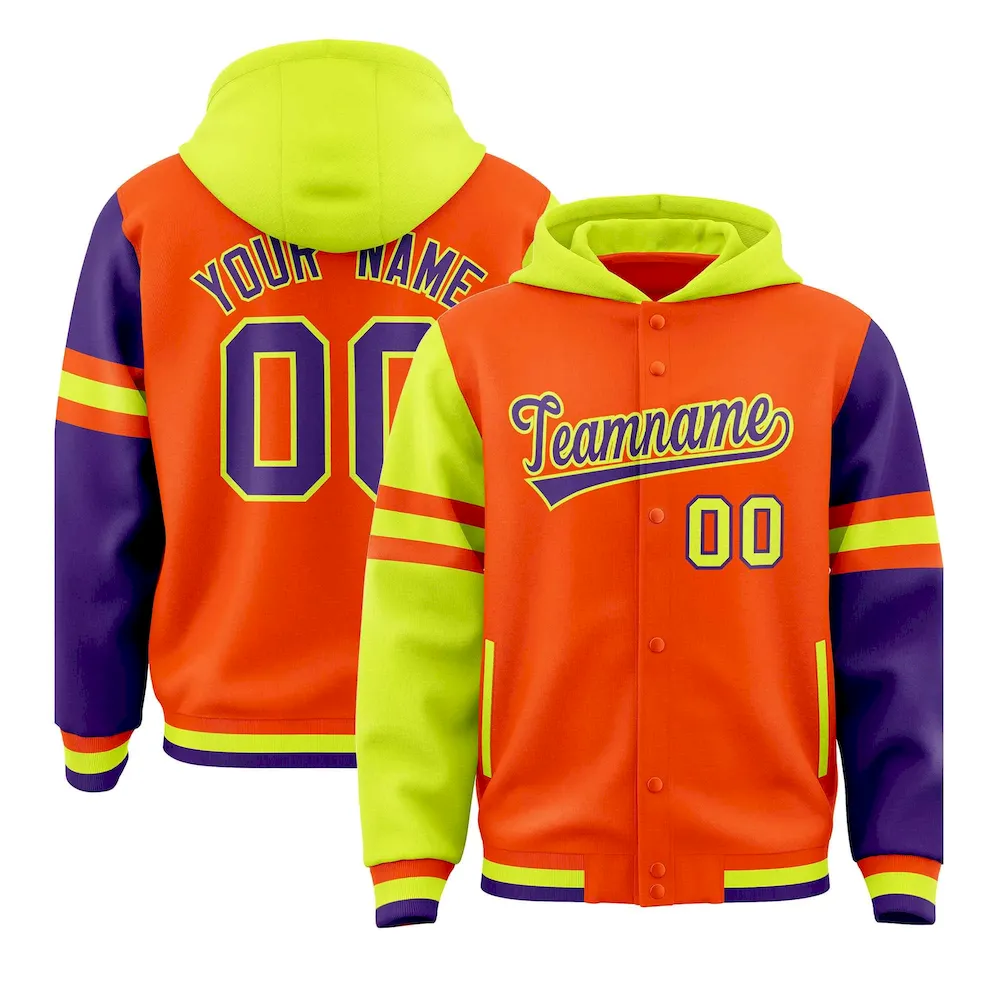 Custom Orange Fluorescent Green-Purple Raglan Sleeves Varsity Full-Snap Letterman Three Stripes Jacket Hoodie