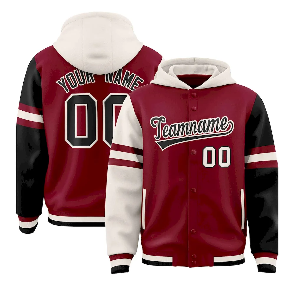Custom Crimson Cream-Black Raglan Sleeves Varsity Full-Snap Letterman Three Stripes Jacket Hoodie