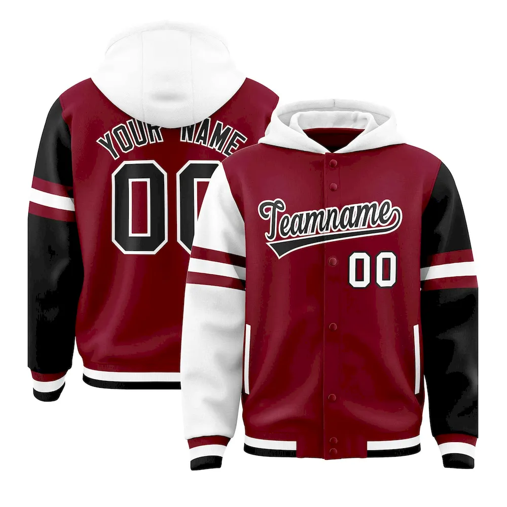 Custom Crimson White-Black Raglan Sleeves Varsity Full-Snap Letterman Three Stripes Jacket Hoodie