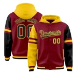 Custom Crimson Gold-Black Raglan Sleeves Varsity Full-Snap Letterman Three Stripes Jacket Hoodie