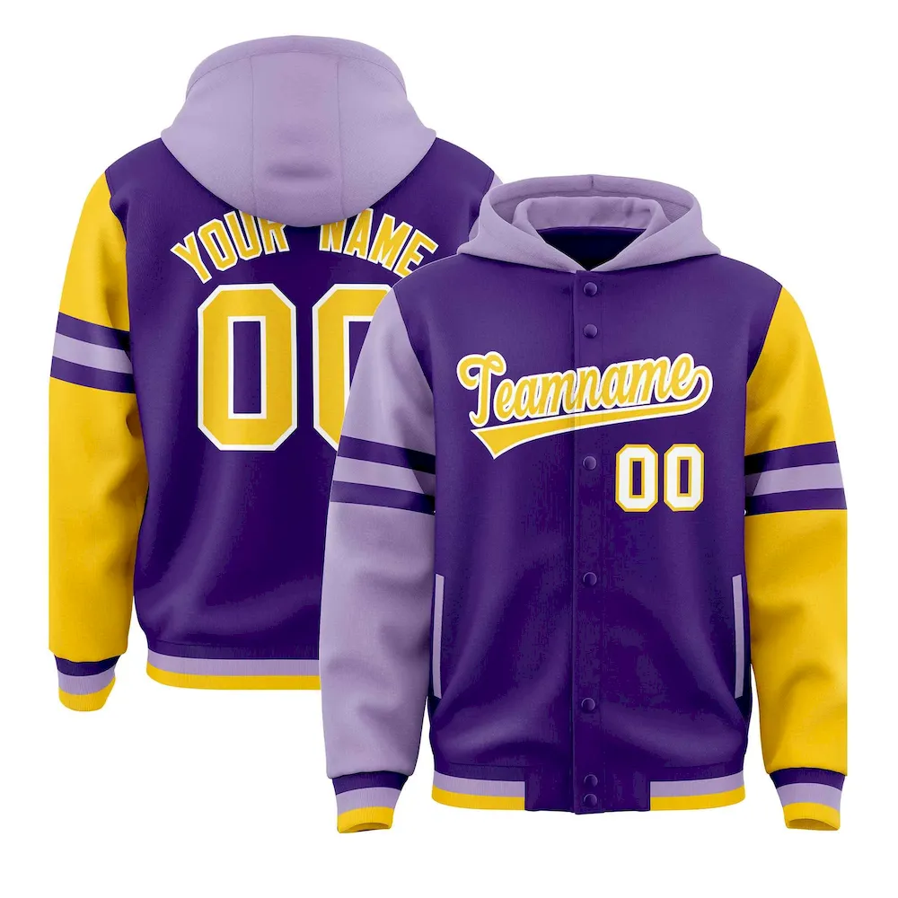 Custom Purple Light Purple-Gold Raglan Sleeves Varsity Full-Snap Letterman Three Stripes Jacket Hoodie