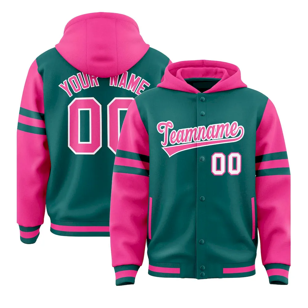 Custom White Royal Raglan Sleeves Varsity Full-Snap Letterman Three Stripes Jacket Hoodie