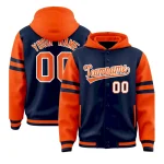 Custom Navy Orange Raglan Sleeves Varsity Full-Snap Letterman Three Stripes Jacket Hoodie