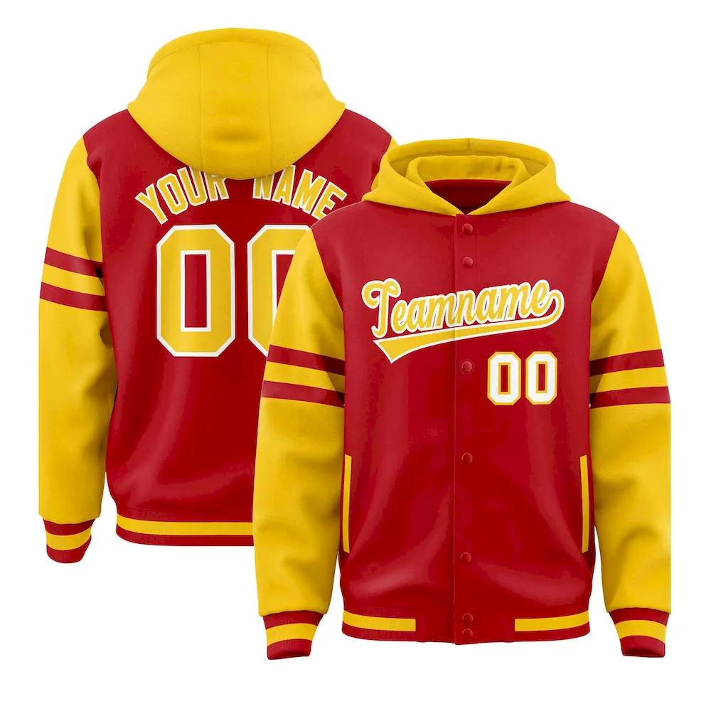 Custom Red Gold Raglan Sleeves Varsity Full-Snap Letterman Three Stripes Jacket Hoodie
