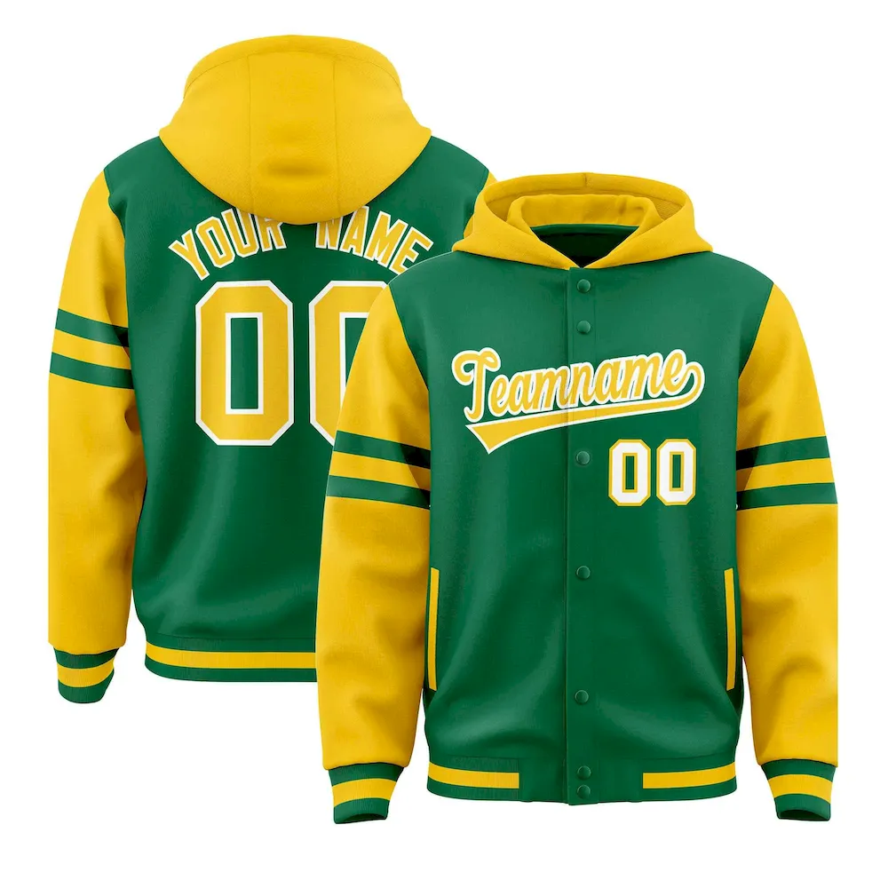 Custom Kelly Green Gold Raglan Sleeves Varsity Full-Snap Letterman Three Stripes Jacket Hoodie