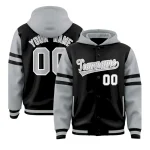 Custom Black Silver Raglan Sleeves Varsity Full-Snap Letterman Three Stripes Jacket Hoodie