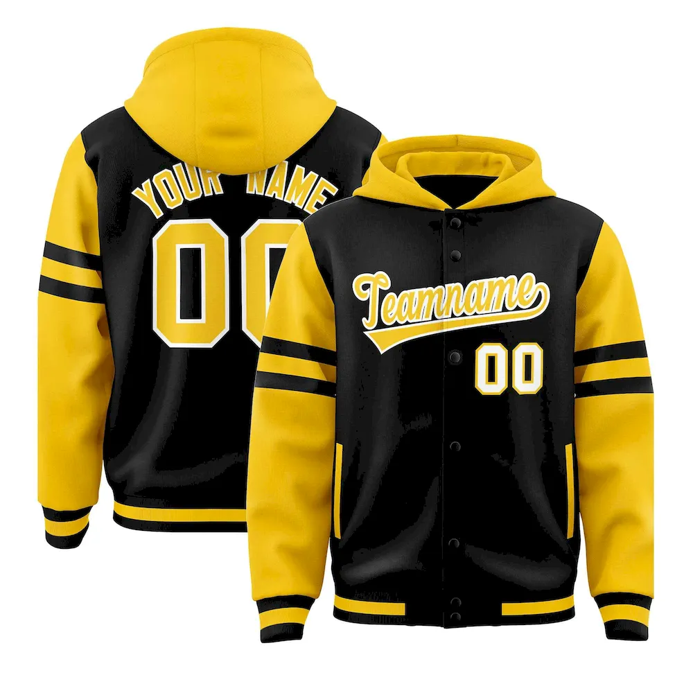 Custom Black Gold Raglan Sleeves Varsity Full-Snap Letterman Three Stripes Jacket Hoodie