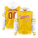 Custom Gold White Raglan Sleeves Varsity Full-Snap Letterman Three Stripes Jacket Hoodie