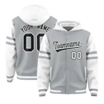 Custom Silver White Raglan Sleeves Varsity Full-Snap Letterman Three Stripes Jacket Hoodie