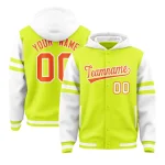 Custom Fluorescent Green White Raglan Sleeves Varsity Full-Snap Letterman Three Stripes Jacket Hoodie