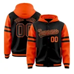 Custom Black Orange Raglan Sleeves Varsity Full-Snap Letterman Three Stripes Jacket Hoodie