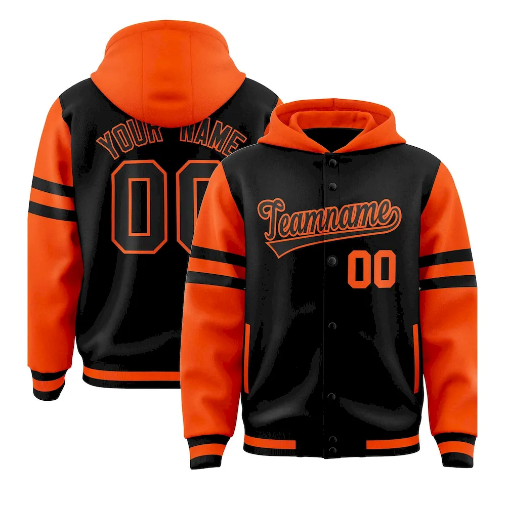 Custom Black Orange Raglan Sleeves Varsity Full-Snap Letterman Three Stripes Jacket Hoodie