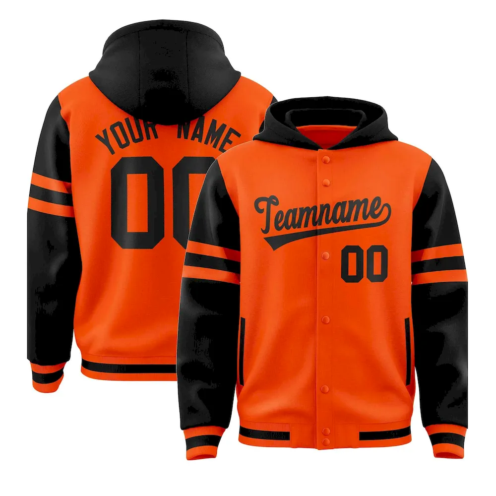 Custom Orange Black Raglan Sleeves Varsity Full-Snap Letterman Three Stripes Jacket Hoodie
