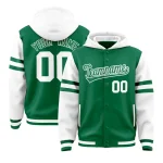 Custom Kelly Green White Raglan Sleeves Varsity Full-Snap Letterman Three Stripes Jacket Hoodie
