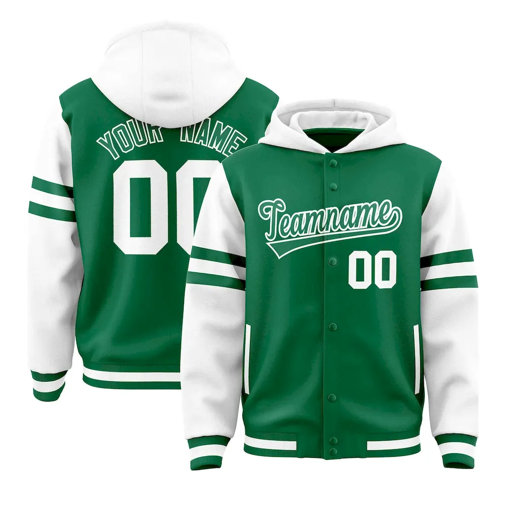 Custom Kelly Green White Raglan Sleeves Varsity Full-Snap Letterman Three Stripes Jacket Hoodie